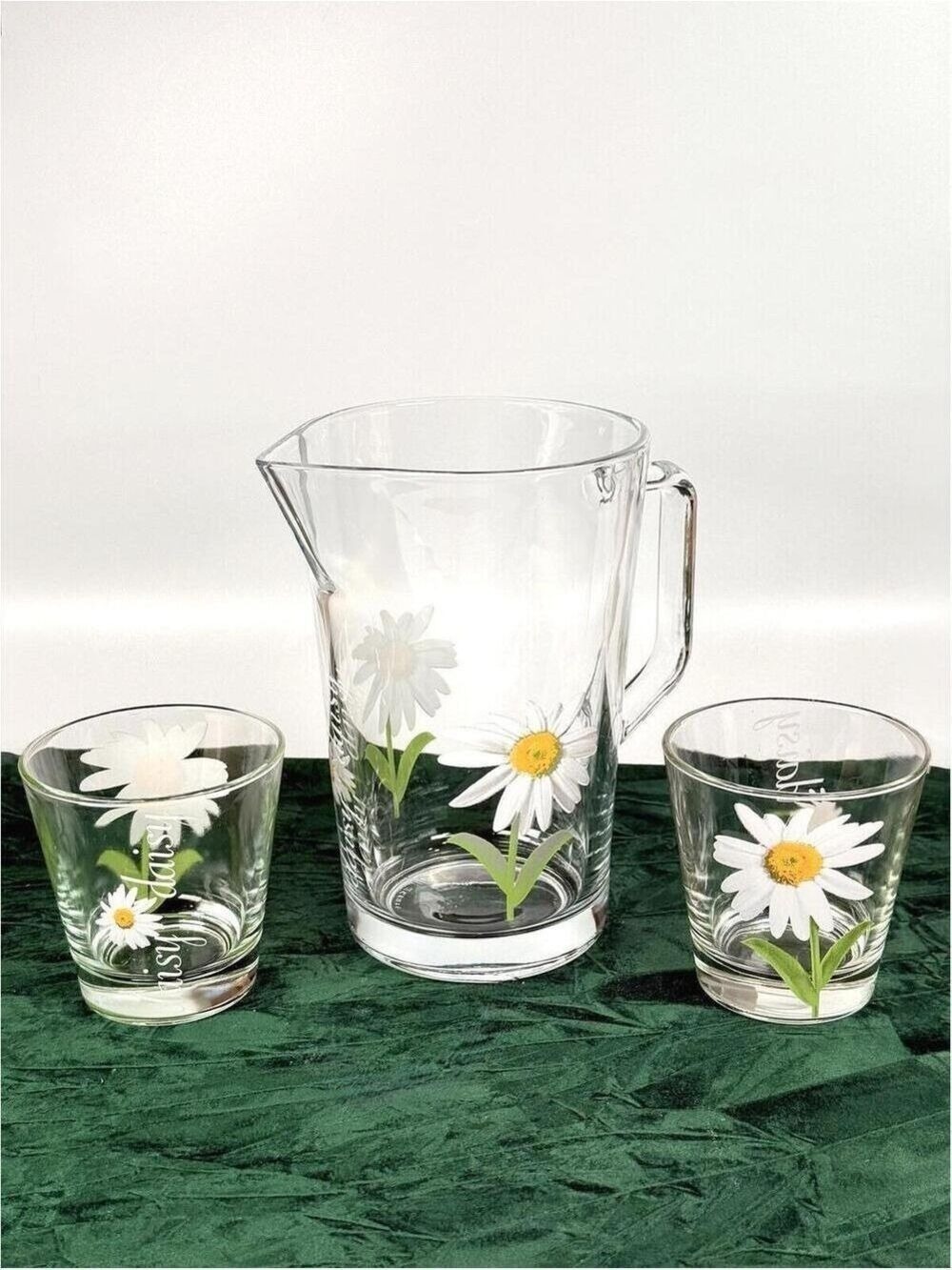 Set of Cerve Italy Daisy Glass Pitcher and 2 Tumblers Mid-Century Floral Pattern